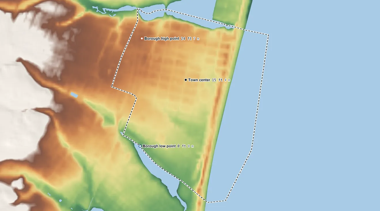 Topographic elevation map of Sea Girt, New Jersey, shaded from sea level level on The Glimmerglass to 24 ft on the northwest side