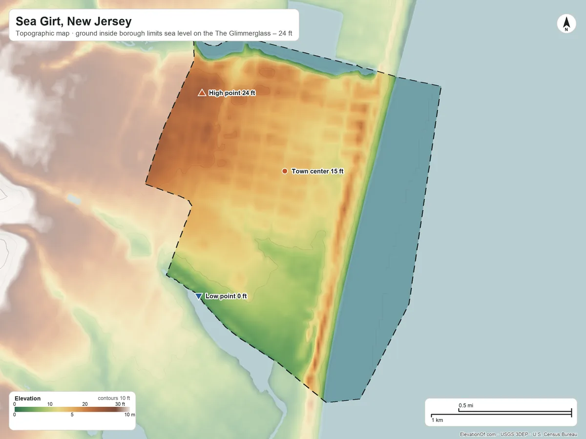 Topographic elevation map of Sea Girt, New Jersey, shaded from sea level level on The Glimmerglass to 24 ft on the northwest side