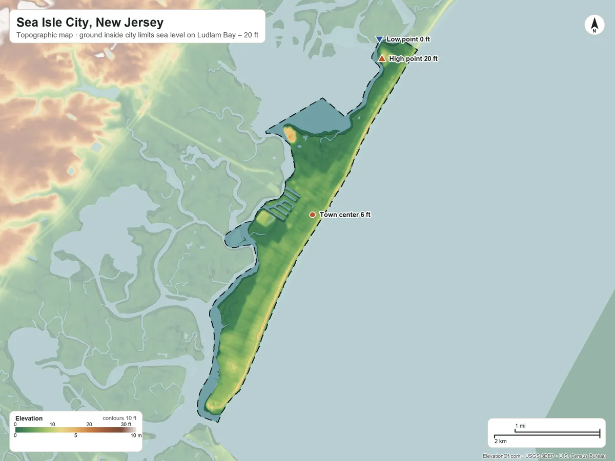 Topographic elevation map of Sea Isle City, New Jersey, shaded from sea level level on Ludlam Bay to 20 ft on the northeast side