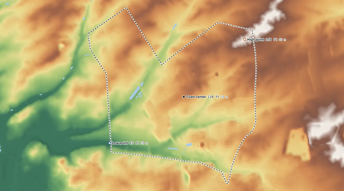 Topographic elevation map of Seabrook Farms, New Jersey, shaded from 65 ft on the southwest side to 140 ft on the northeast side