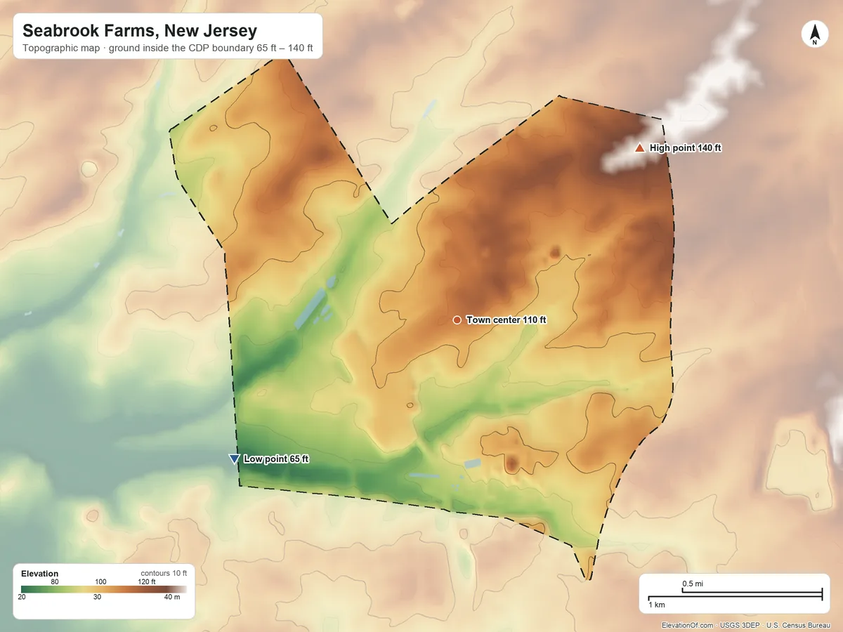 Topographic elevation map of Seabrook Farms, New Jersey, shaded from 65 ft on the southwest side to 140 ft on the northeast side