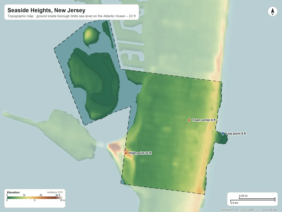 Topographic elevation map of Seaside Heights, New Jersey, shaded from sea level level on the Atlantic Ocean to 22 ft on the southwest side