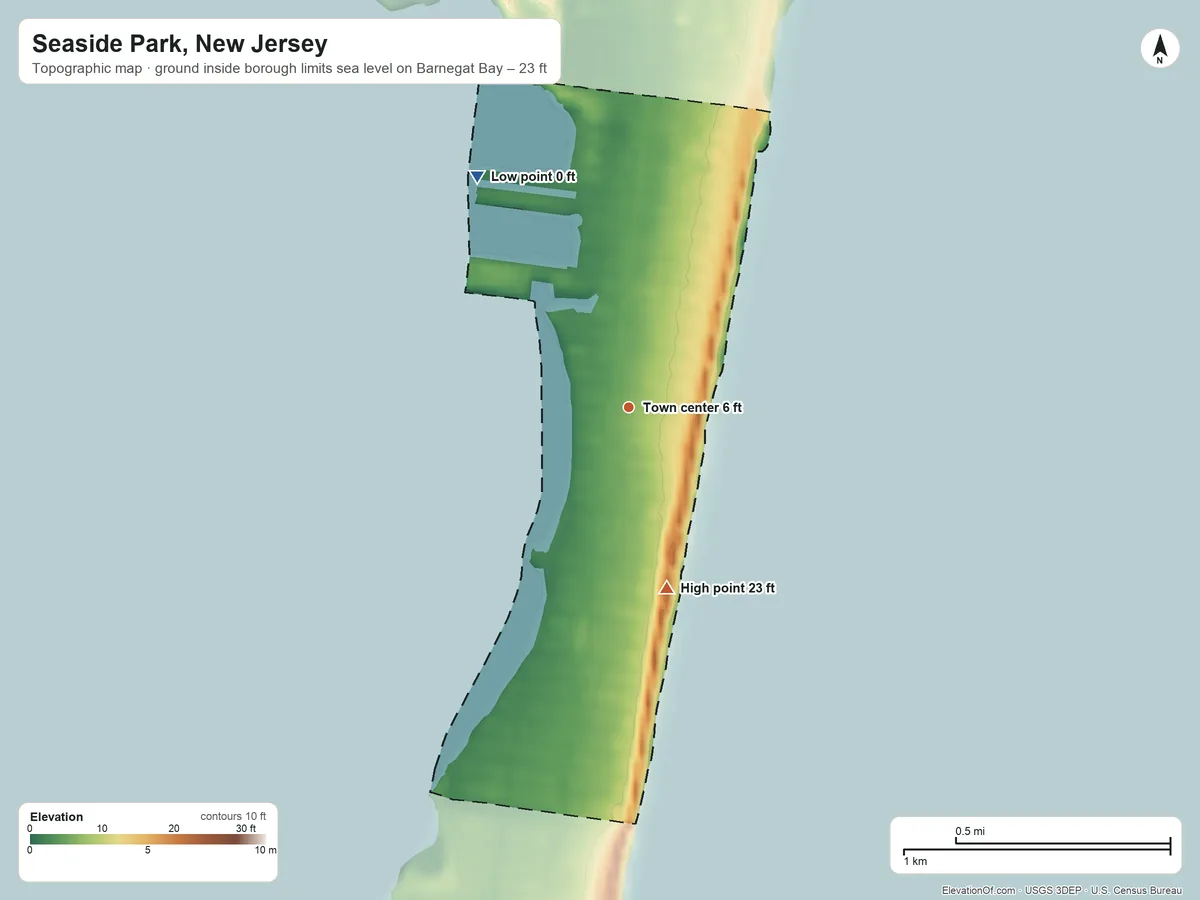 Topographic elevation map of Seaside Park, New Jersey, shaded from sea level level on Barnegat Bay to 23 ft on the south side