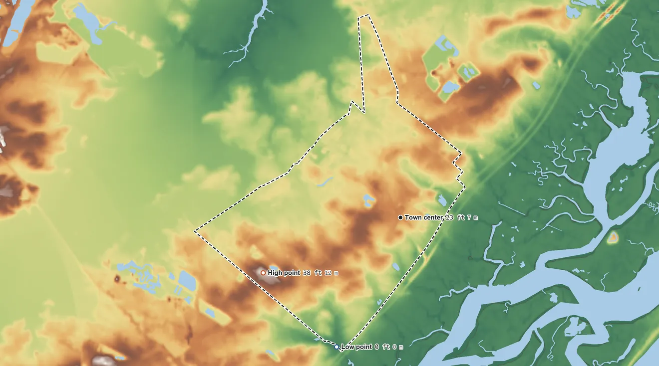 Topographic elevation map of Seaville, New Jersey, shaded from sea level level on Ludlam Bay to 38 ft on the west side