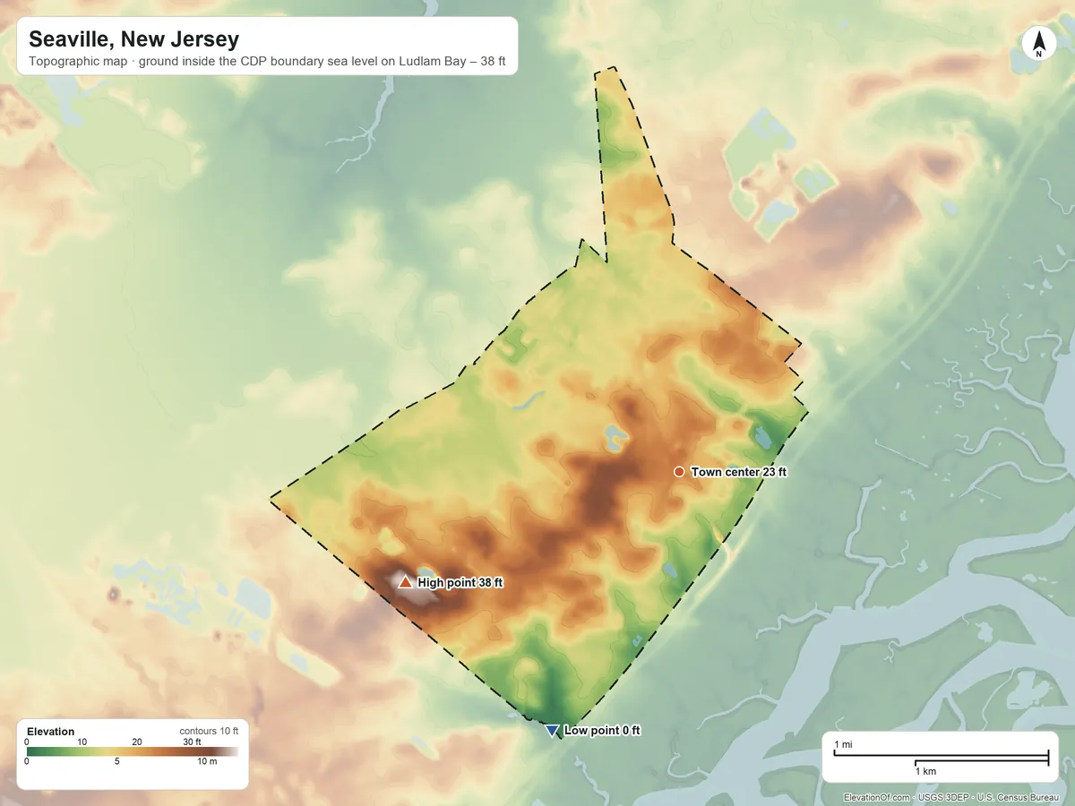 Topographic elevation map of Seaville, New Jersey, shaded from sea level level on Ludlam Bay to 38 ft on the west side