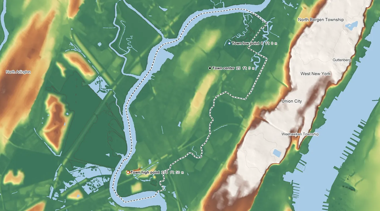 Topographic elevation map of Secaucus, New Jersey, shaded from 0 ft on the northeast side to 170 ft on Laurel Hill