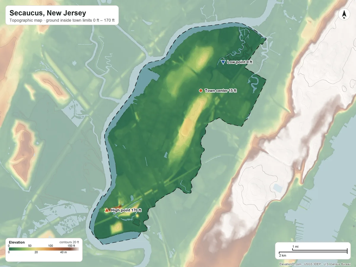 Topographic elevation map of Secaucus, New Jersey, shaded from 0 ft on the northeast side to 170 ft on Laurel Hill