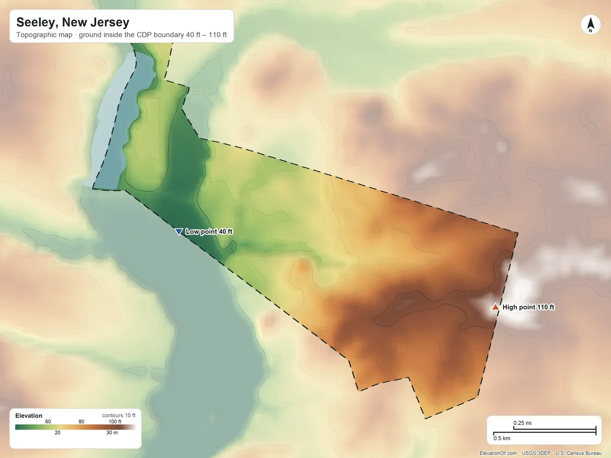 Topographic elevation map of Seeley, New Jersey, shaded from 40 ft on the northwest side to 110 ft on the east side