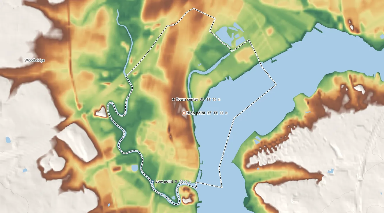 Topographic elevation map of Sewaren, New Jersey, shaded from 0 ft on the south side to 37 ft near the middle