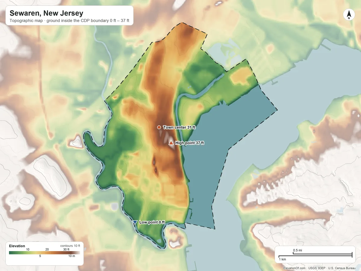 Topographic elevation map of Sewaren, New Jersey, shaded from 0 ft on the south side to 37 ft near the middle