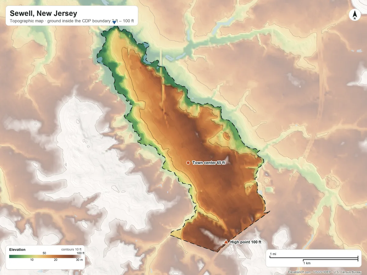 Topographic elevation map of Sewell, New Jersey, shaded from 2 ft on the northwest side to 100 ft on the southeast side