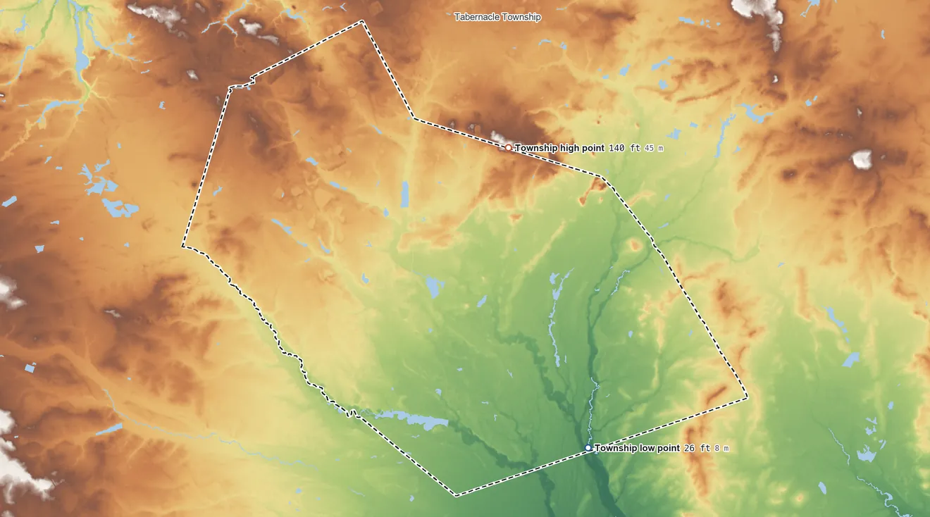 Topographic elevation map of Shamong Township, New Jersey, shaded from 26 ft on the southeast side to 140 ft on the east side