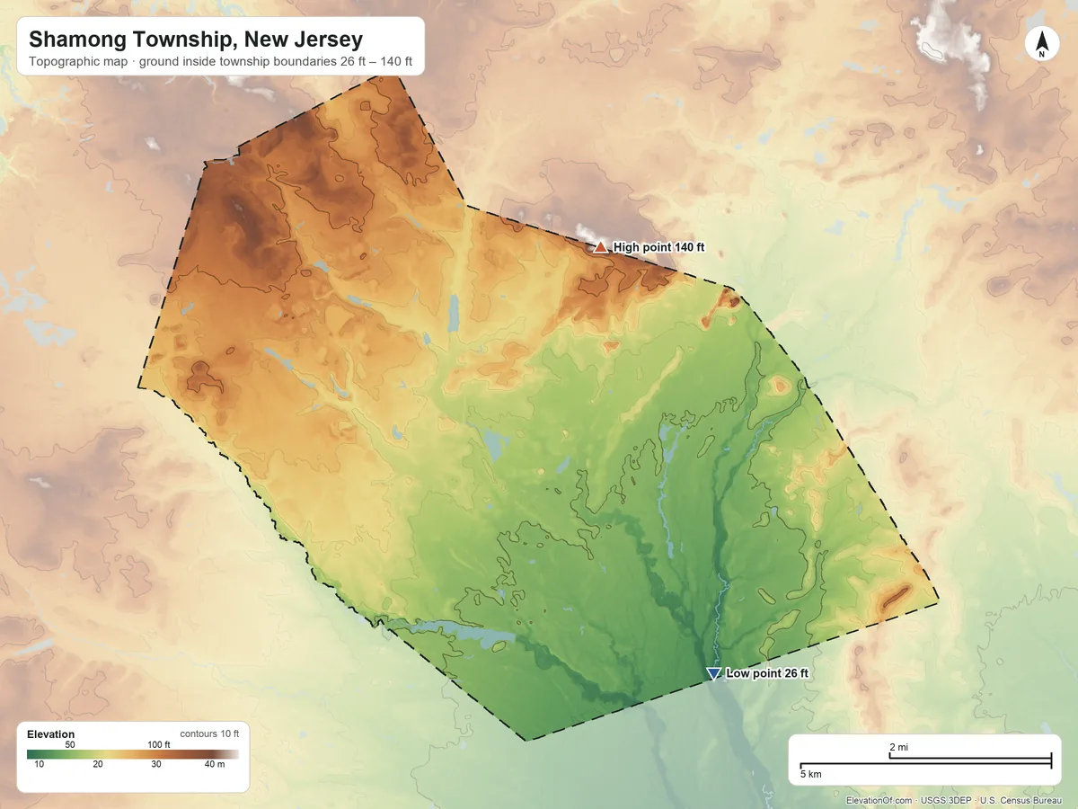 Topographic elevation map of Shamong Township, New Jersey, shaded from 26 ft on the southeast side to 140 ft on the east side