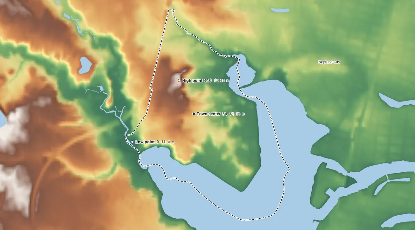 Topographic elevation map of Shark River Hills, New Jersey, shaded from sea level level on Musquatch Cove to 110 ft on the northwest side