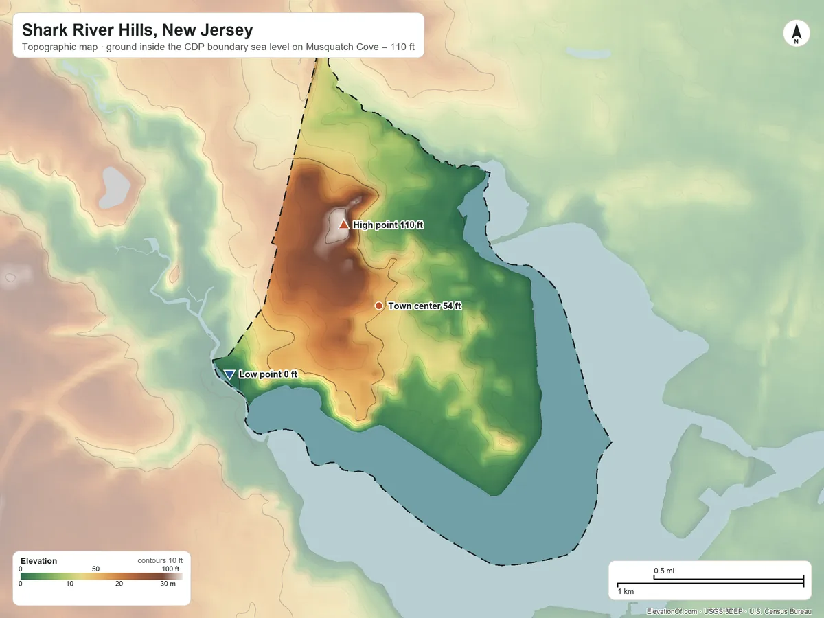 Topographic elevation map of Shark River Hills, New Jersey, shaded from sea level level on Musquatch Cove to 110 ft on the northwest side