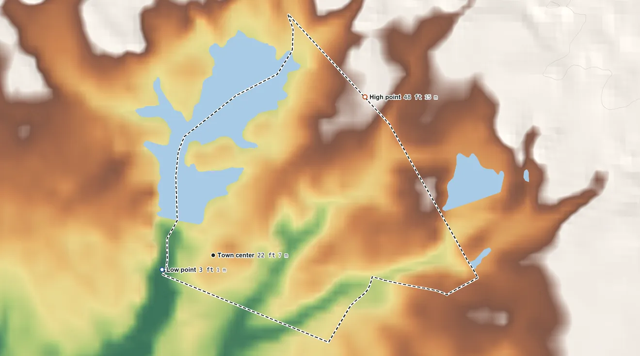 Topographic elevation map of Sheppards Mill, New Jersey, shaded from 3 ft on the west side to 48 ft on the northeast side