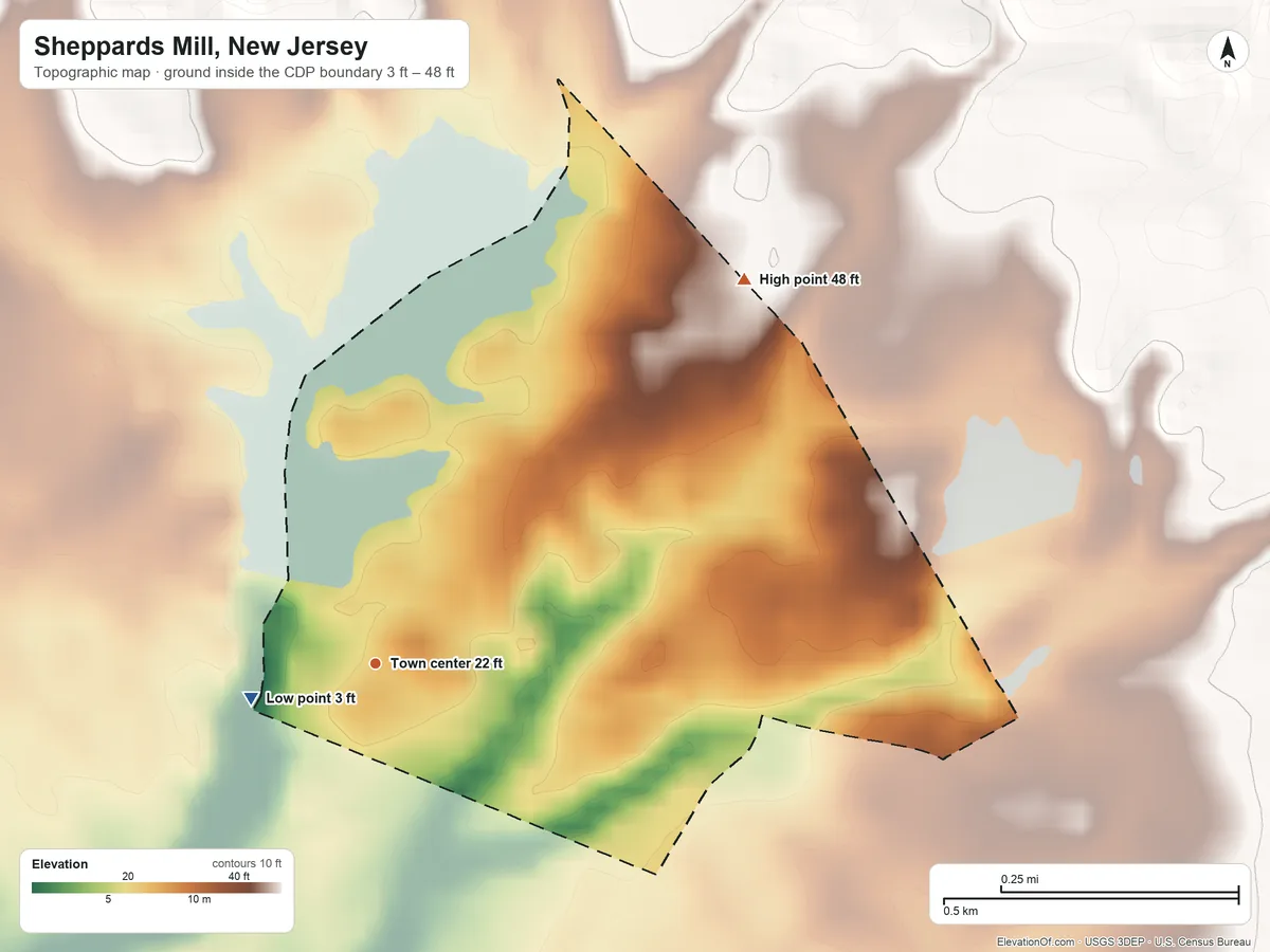 Topographic elevation map of Sheppards Mill, New Jersey, shaded from 3 ft on the west side to 48 ft on the northeast side