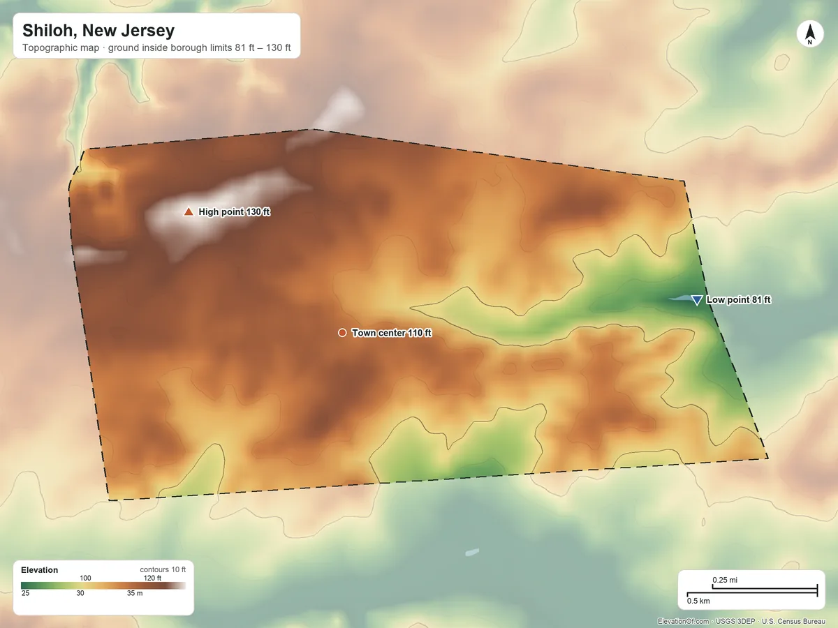 Topographic elevation map of Shiloh, New Jersey, shaded from 81 ft on the east side to 130 ft on the northwest side