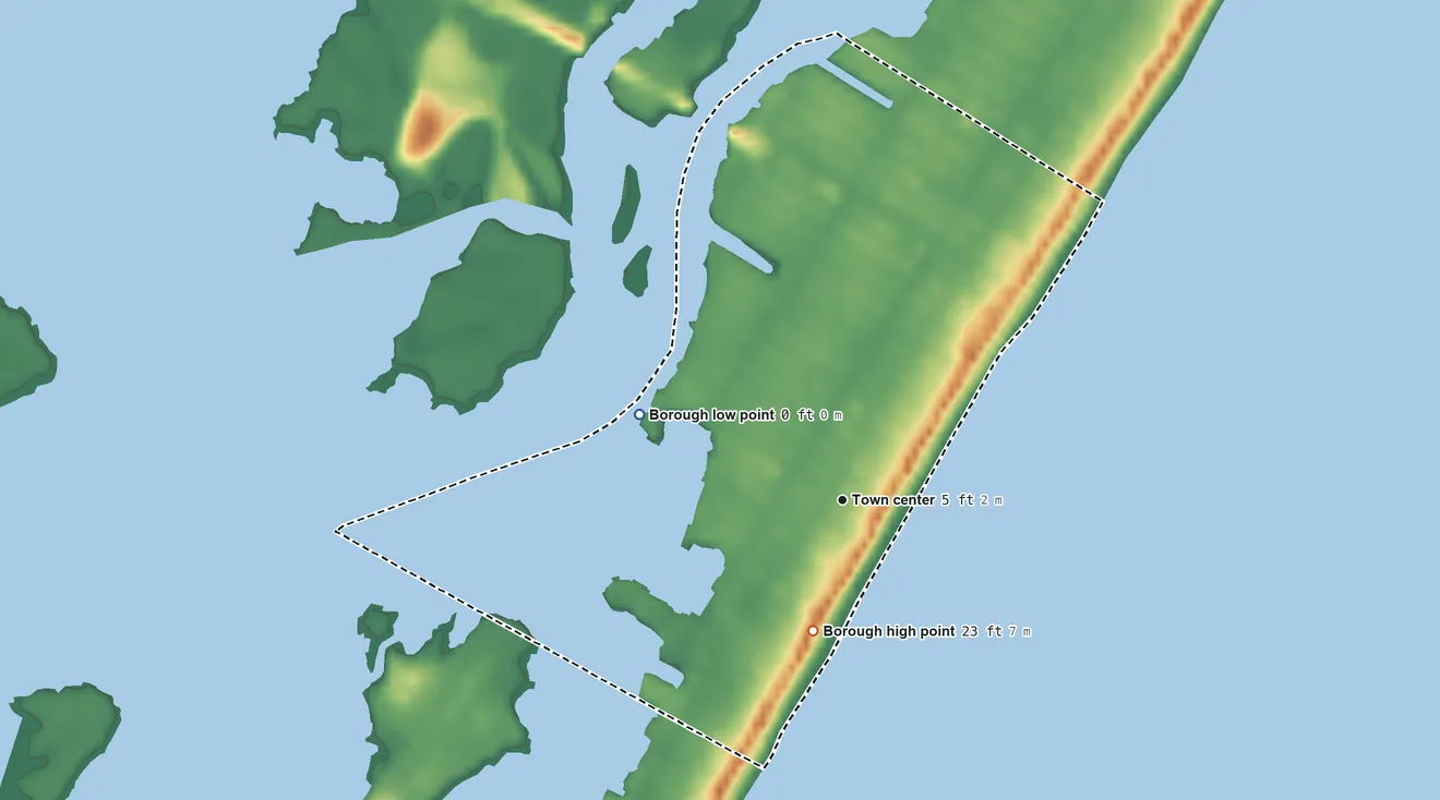Topographic elevation map of Ship Bottom, New Jersey, shaded from sea level level on the East Thoroughfare to 23 ft on the south side