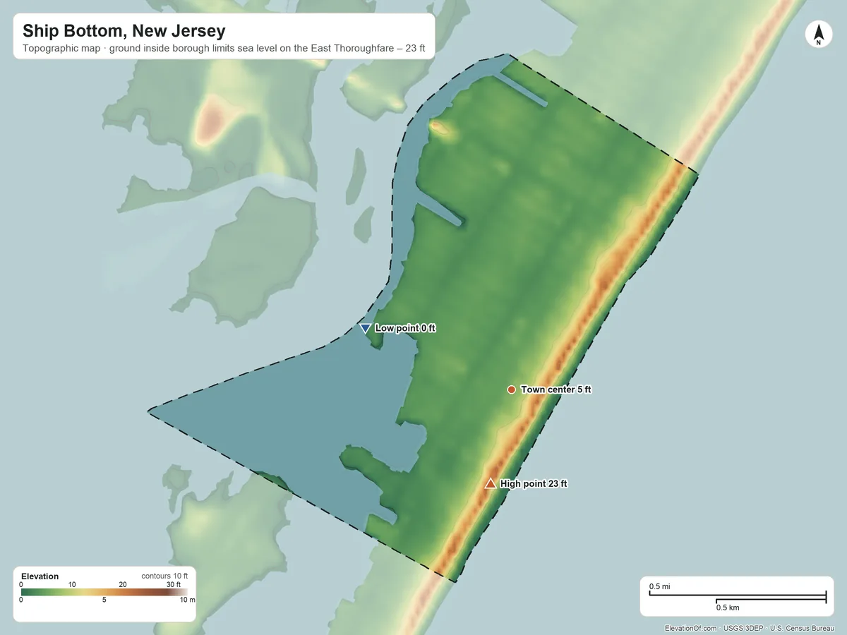 Topographic elevation map of Ship Bottom, New Jersey, shaded from sea level level on the East Thoroughfare to 23 ft on the south side