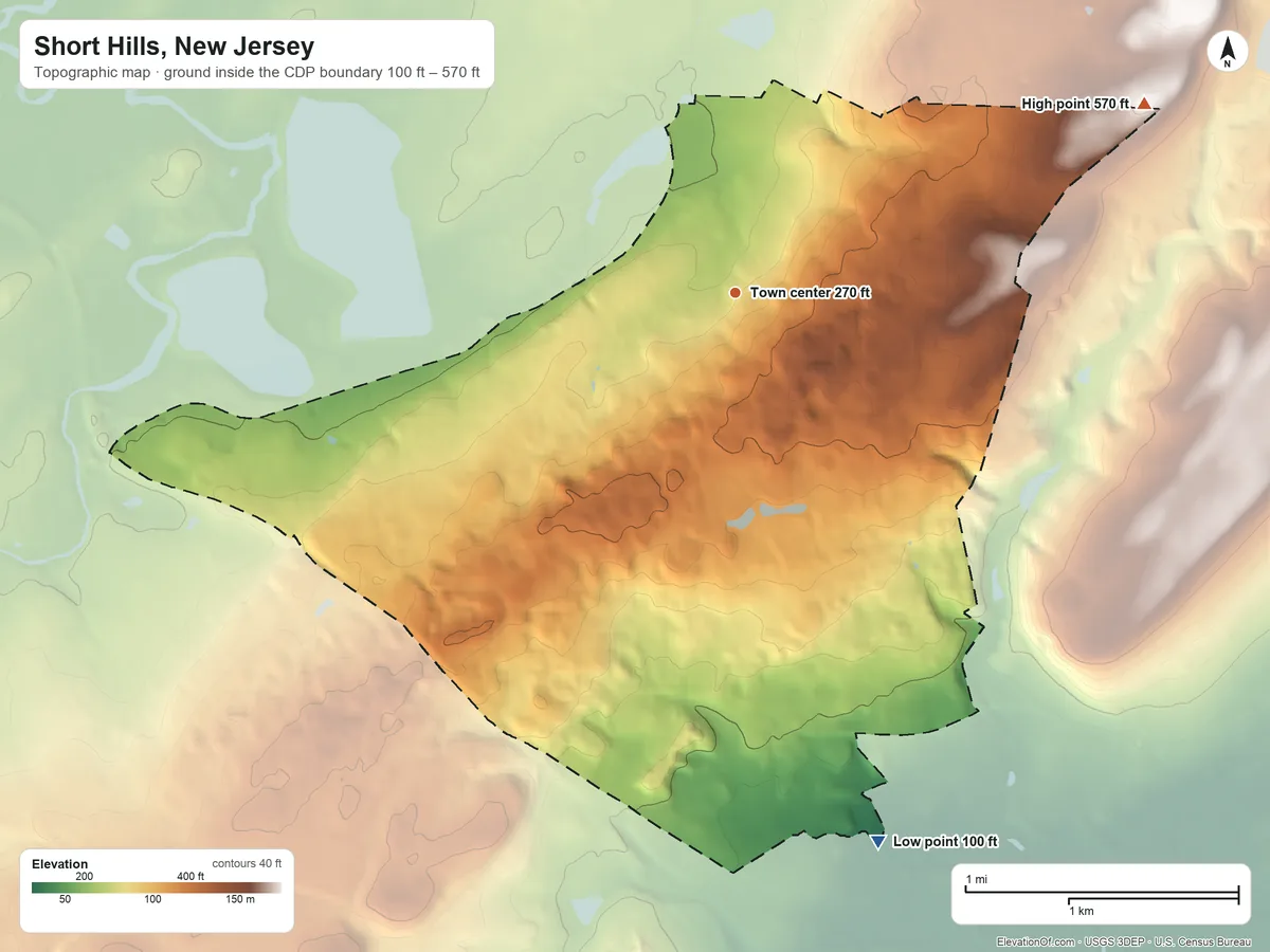 Topographic elevation map of Short Hills, New Jersey, shaded from 100 ft on the south side to 570 ft on the northeast side