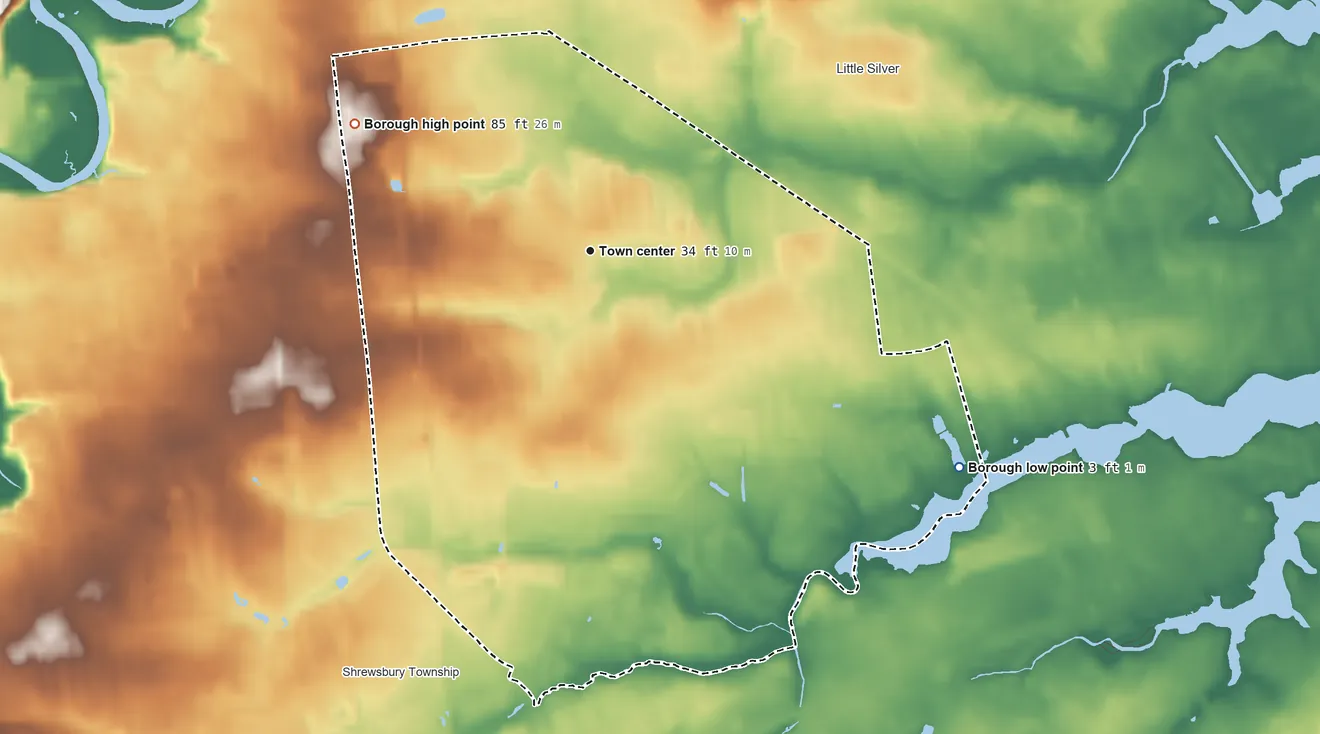 Topographic elevation map of Shrewsbury, New Jersey, shaded from 3 ft on the southeast side to 85 ft on the northwest side