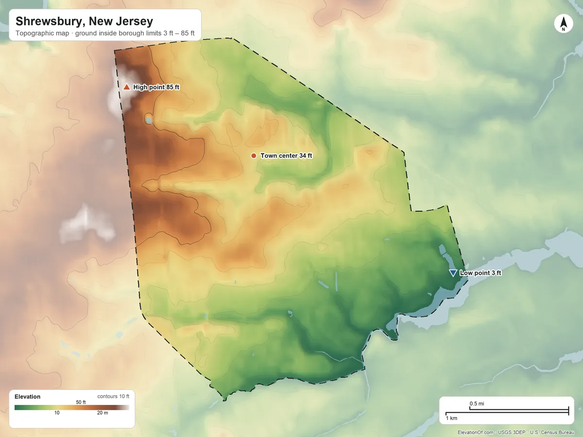 Topographic elevation map of Shrewsbury, New Jersey, shaded from 3 ft on the southeast side to 85 ft on the northwest side