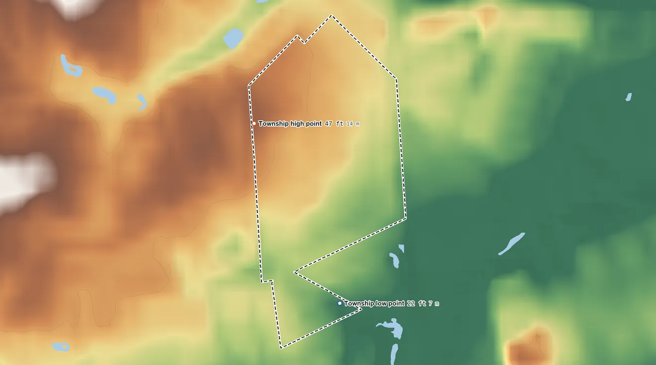 Topographic elevation map of Shrewsbury Township, New Jersey, shaded from 22 ft on the south side to 47 ft on the northwest side