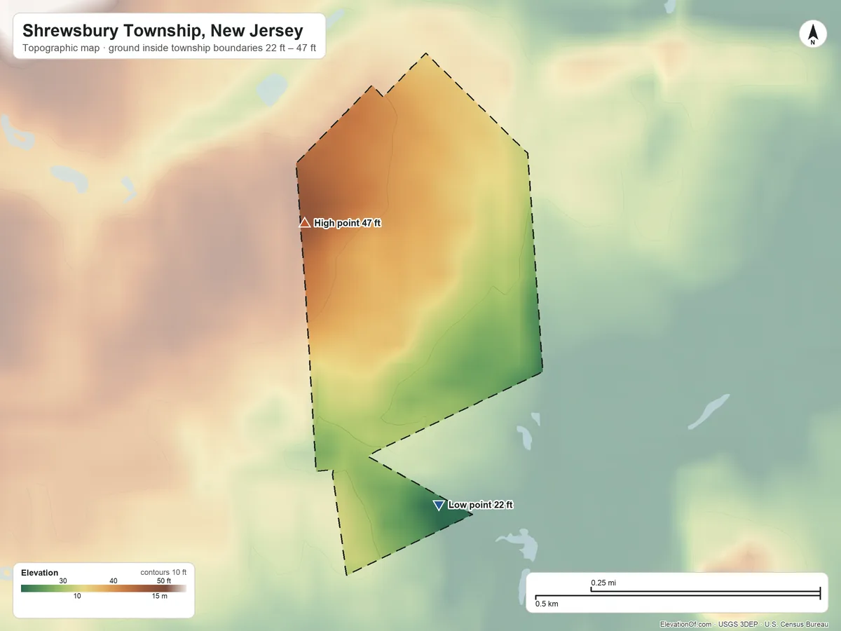 Topographic elevation map of Shrewsbury Township, New Jersey, shaded from 22 ft on the south side to 47 ft on the northwest side