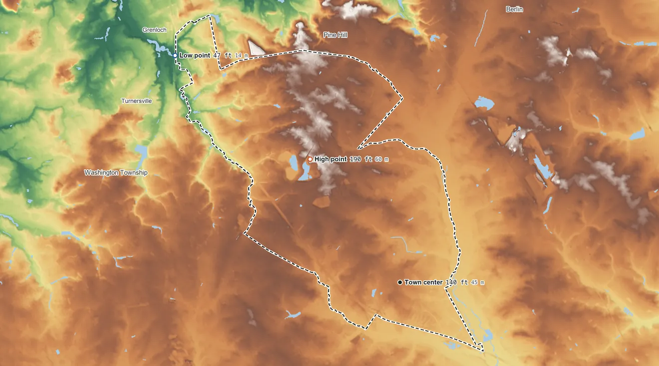 Topographic elevation map of Sicklerville, New Jersey, shaded from 47 ft on the northwest side to 190 ft on the northwest side