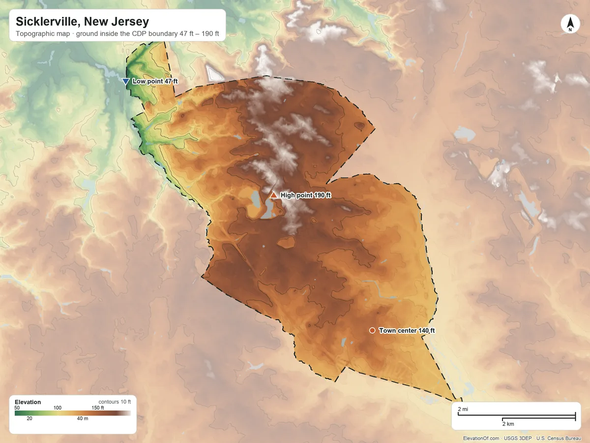 Topographic elevation map of Sicklerville, New Jersey, shaded from 47 ft on the northwest side to 190 ft on the northwest side
