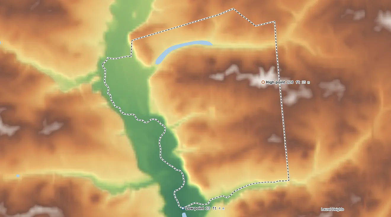 Topographic elevation map of Silver Lake, Cumberland County, New Jersey, shaded from 13 ft on the south side to 120 ft on the east side