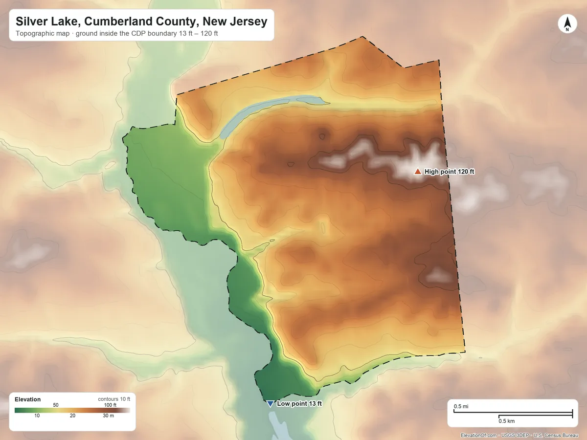 Topographic elevation map of Silver Lake, Cumberland County, New Jersey, shaded from 13 ft on the south side to 120 ft on the east side