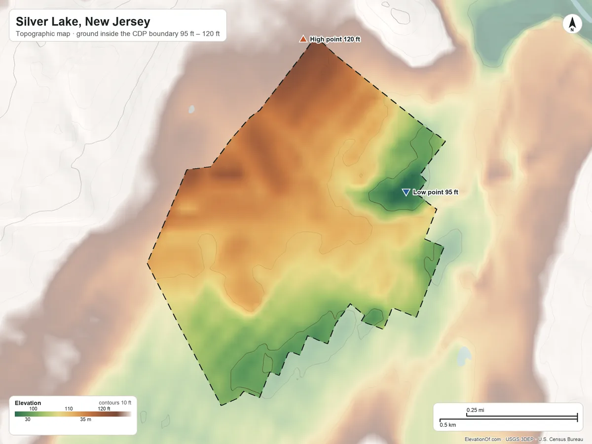 Topographic elevation map of Silver Lake, New Jersey, shaded from 95 ft on the northeast side to 120 ft on the north side