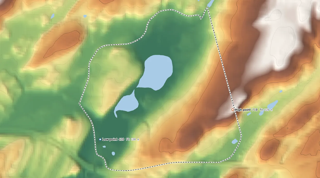 Topographic elevation map of Silver Lake, Warren County, New Jersey, shaded from 420 ft on the southwest side to 710 ft at the foot of the Fox Hill Range