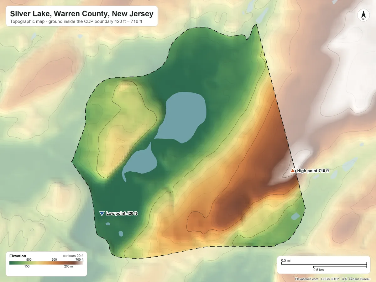 Topographic elevation map of Silver Lake, Warren County, New Jersey, shaded from 420 ft on the southwest side to 710 ft at the foot of the Fox Hill Range