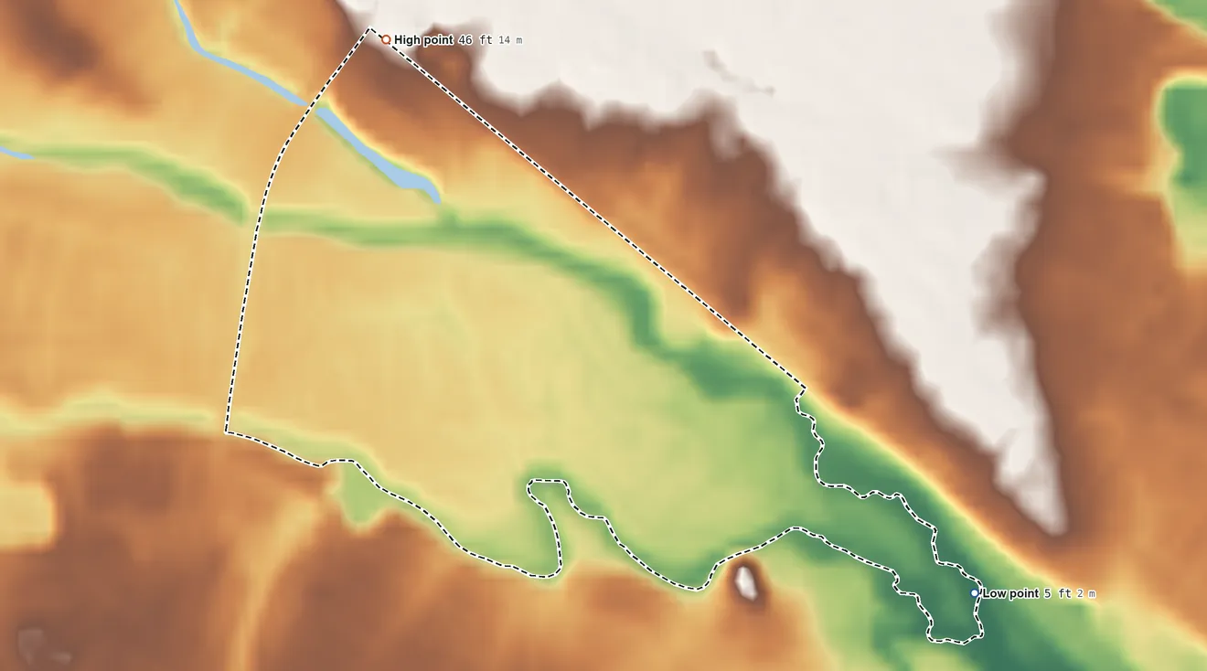 Topographic elevation map of Silver Ridge, New Jersey, shaded from 5 ft on the southeast side to 46 ft on the north side