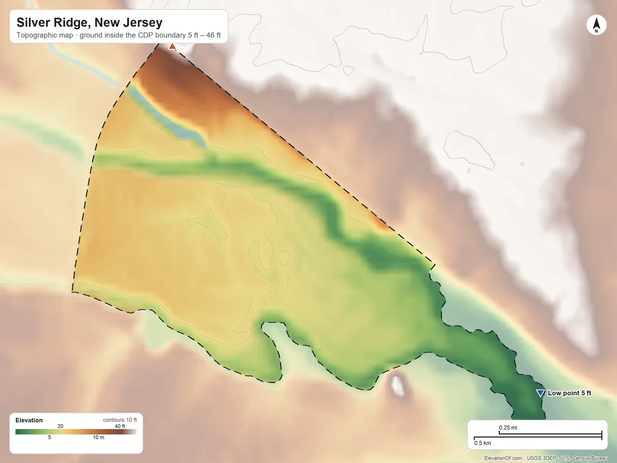 Topographic elevation map of Silver Ridge, New Jersey, shaded from 5 ft on the southeast side to 46 ft on the north side