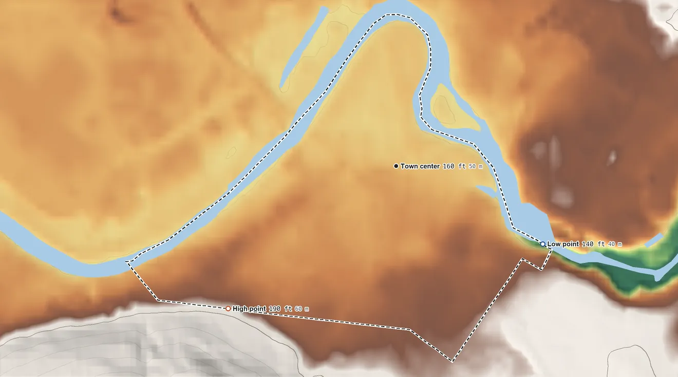 Topographic elevation map of Singac, New Jersey, shaded from 140 ft on the southeast side to 190 ft at the foot of the Watchung Mountains