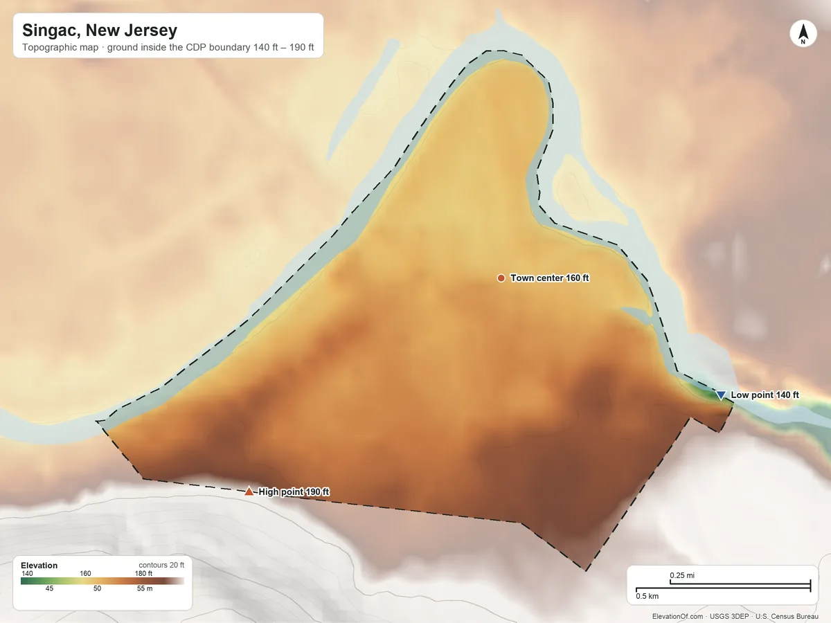 Topographic elevation map of Singac, New Jersey, shaded from 140 ft on the southeast side to 190 ft at the foot of the Watchung Mountains