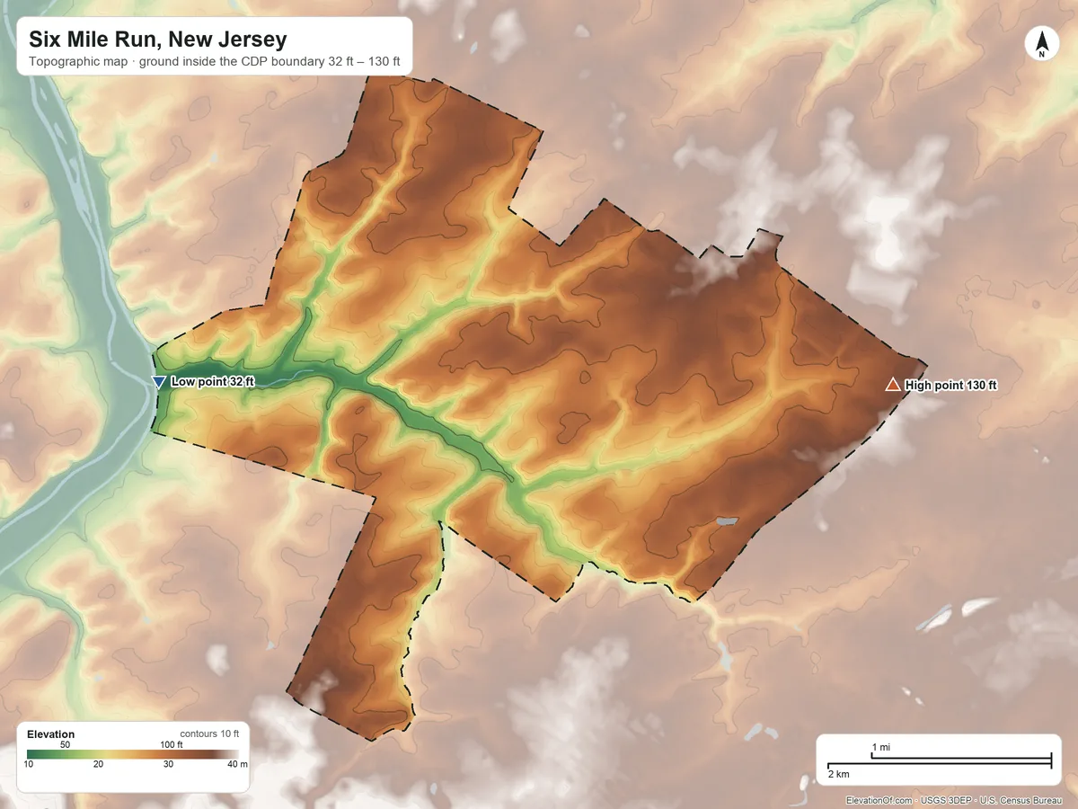 Topographic elevation map of Six Mile Run, New Jersey, shaded from 32 ft on the west side to 130 ft on the east side
