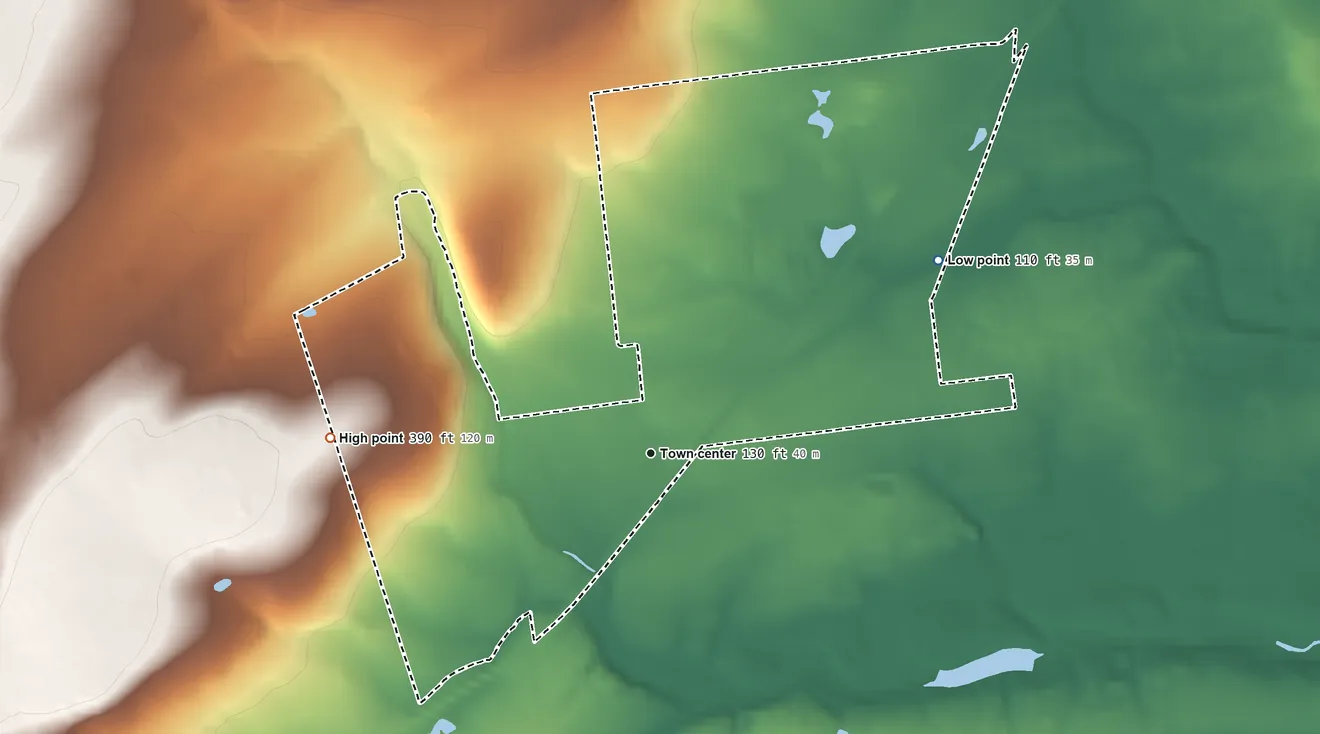 Topographic elevation map of Skillman, New Jersey, shaded from 110 ft on the northeast side to 390 ft on the west side