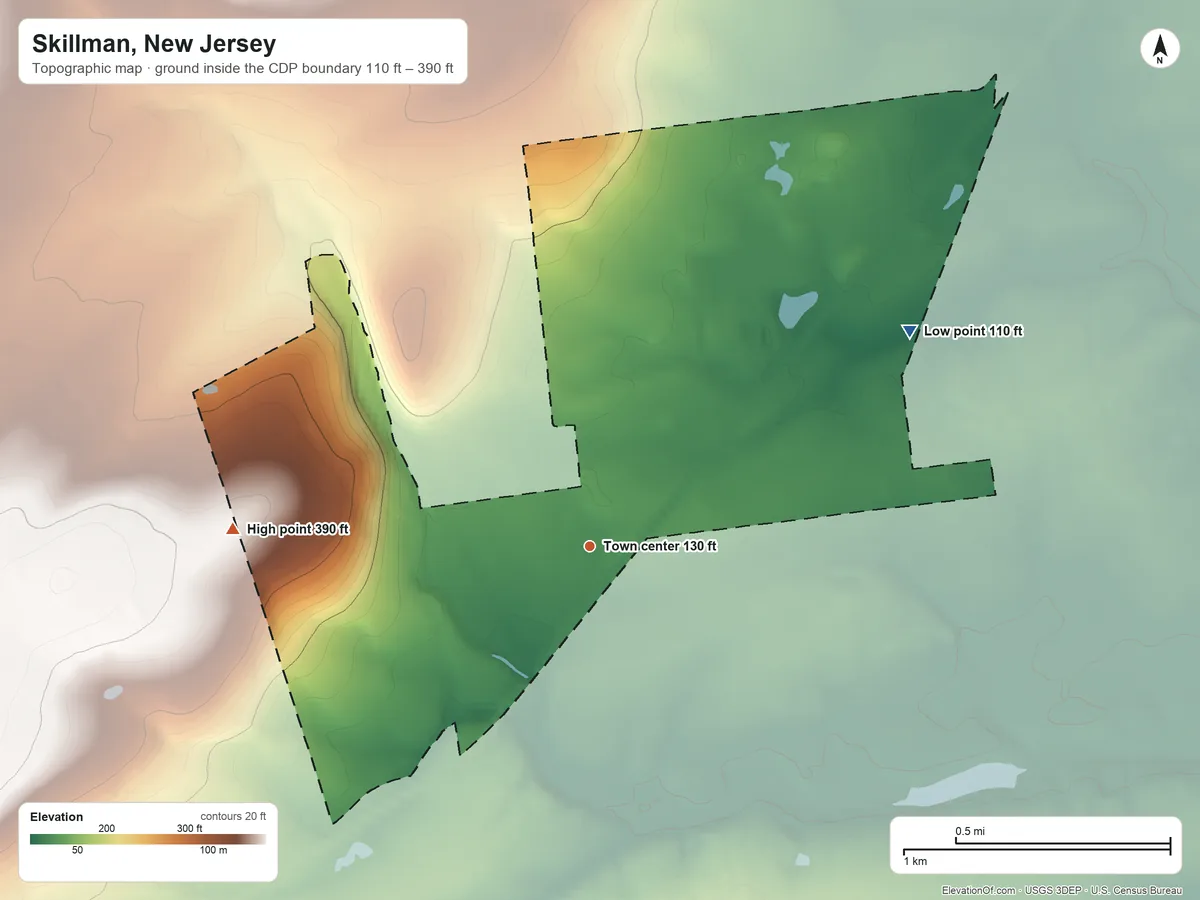 Topographic elevation map of Skillman, New Jersey, shaded from 110 ft on the northeast side to 390 ft on the west side