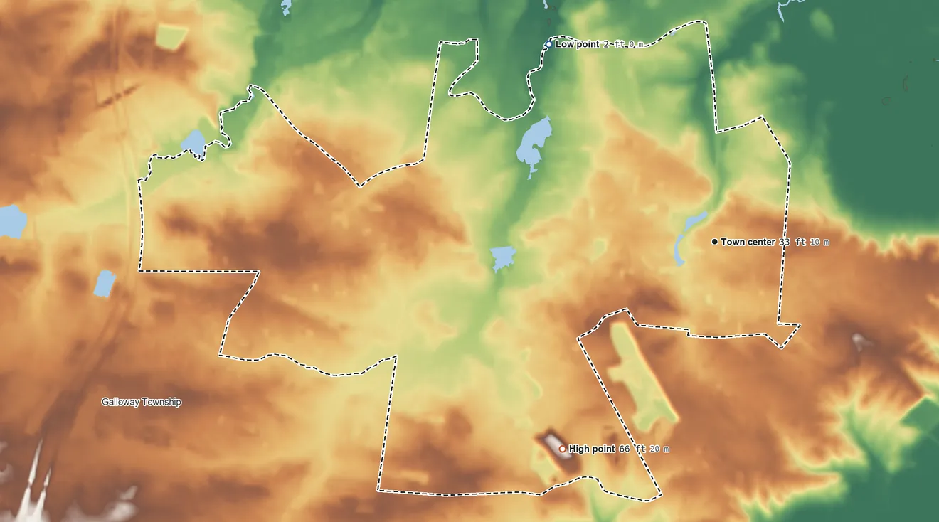 Topographic elevation map of Smithville, New Jersey, shaded from 2 ft on the northwest side to 66 ft on the southwest side