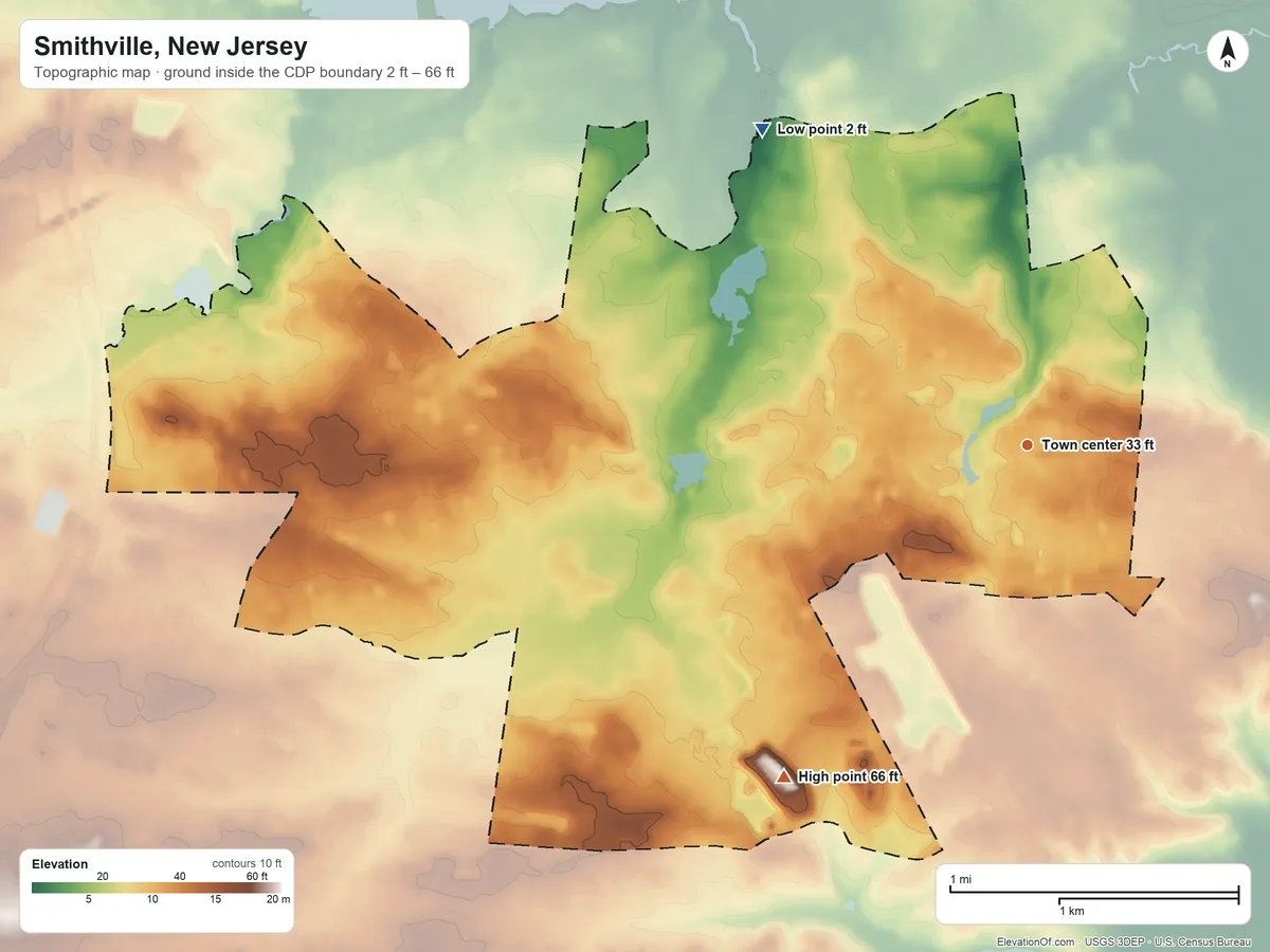 Topographic elevation map of Smithville, New Jersey, shaded from 2 ft on the northwest side to 66 ft on the southwest side