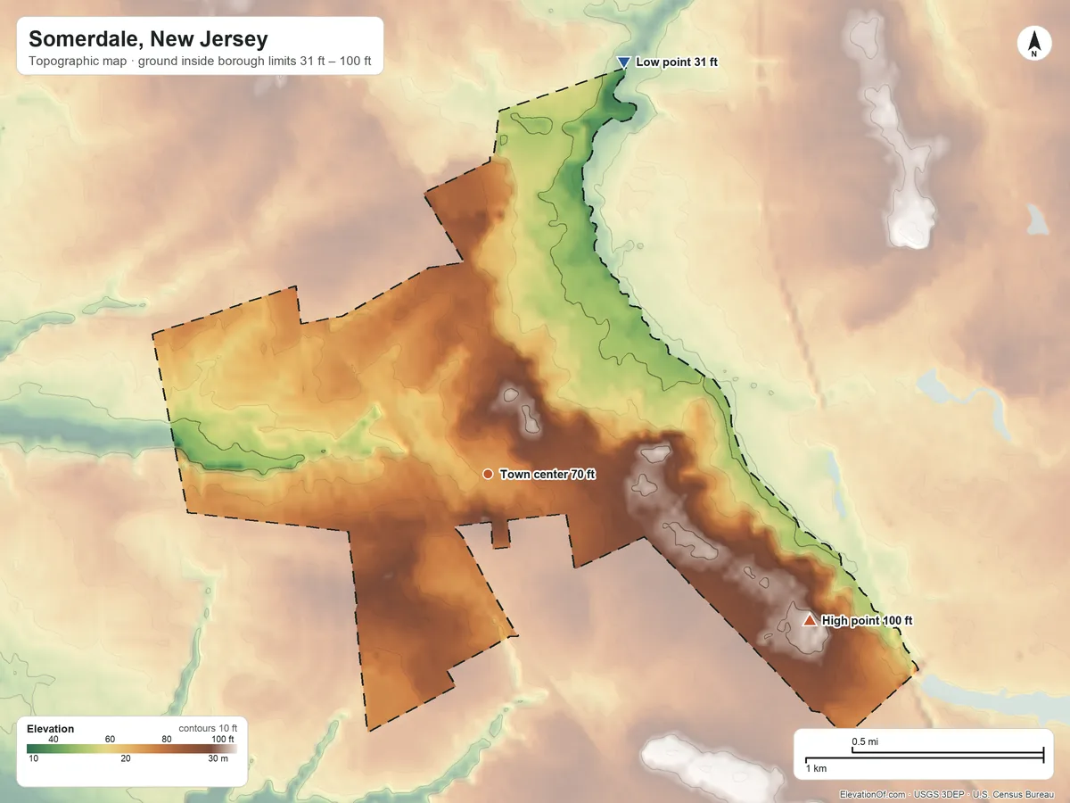 Topographic elevation map of Somerdale, New Jersey, shaded from 31 ft on the north side to 100 ft on the southeast side