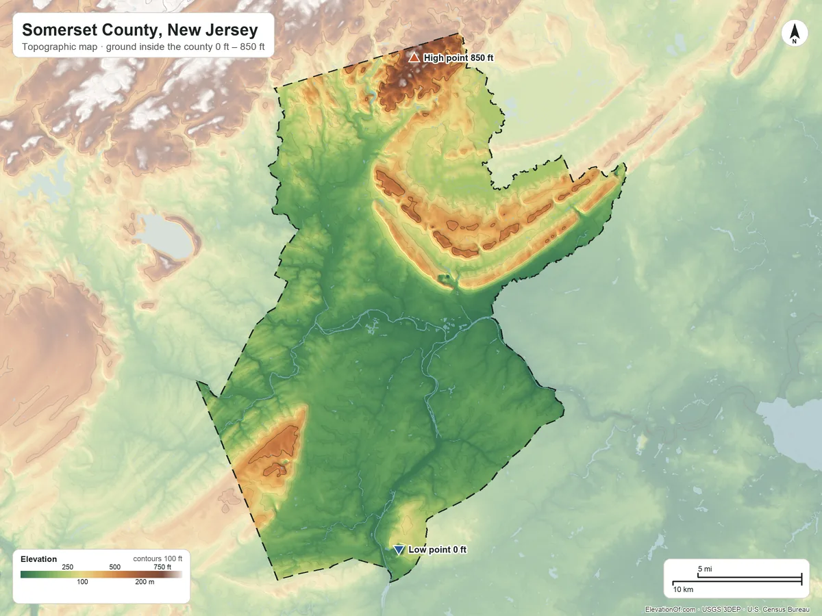 Topographic elevation map of Somerset County, New Jersey, shaded from 0 ft on the south side to 850 ft on Mine Mountain