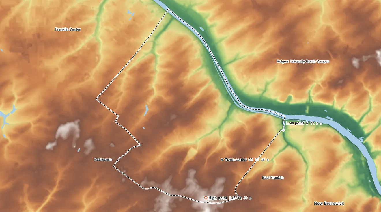 Topographic elevation map of Somerset, New Jersey, shaded from 6 ft on the northeast side to 140 ft on the southwest side