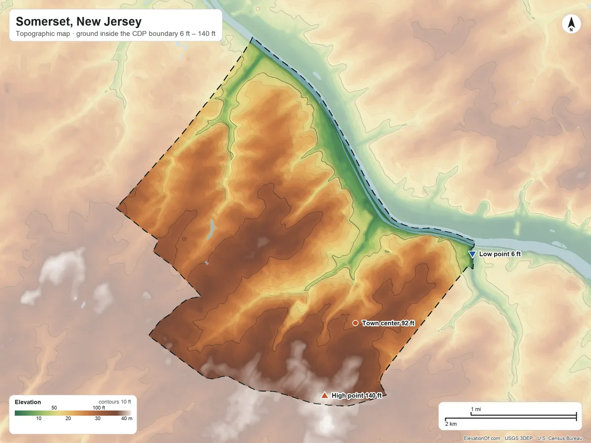 Topographic elevation map of Somerset, New Jersey, shaded from 6 ft on the northeast side to 140 ft on the southwest side