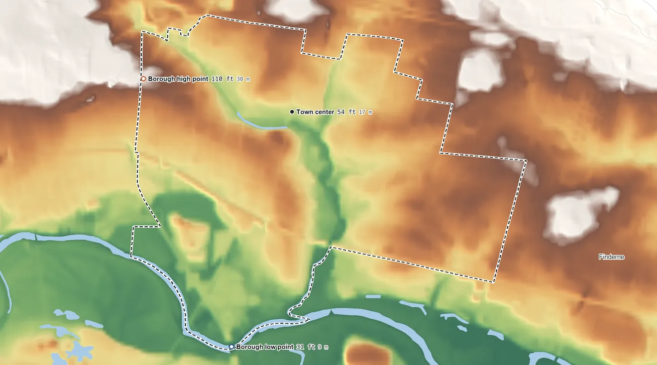 Topographic elevation map of Somerville, New Jersey, shaded from 31 ft on the south side to 110 ft on the west side